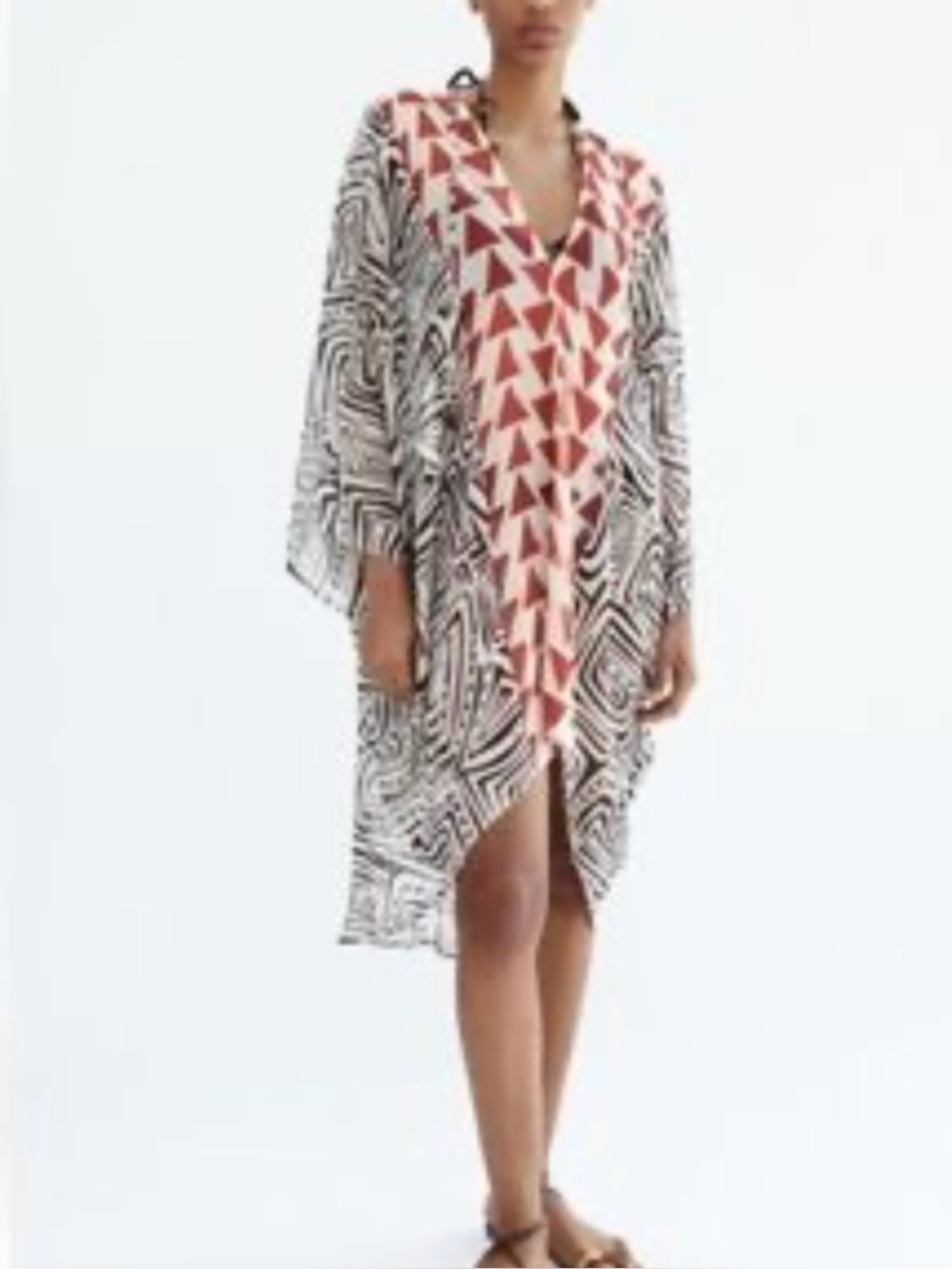 Zara Kaftan dress abstract print Red white and black boho sheer Size M